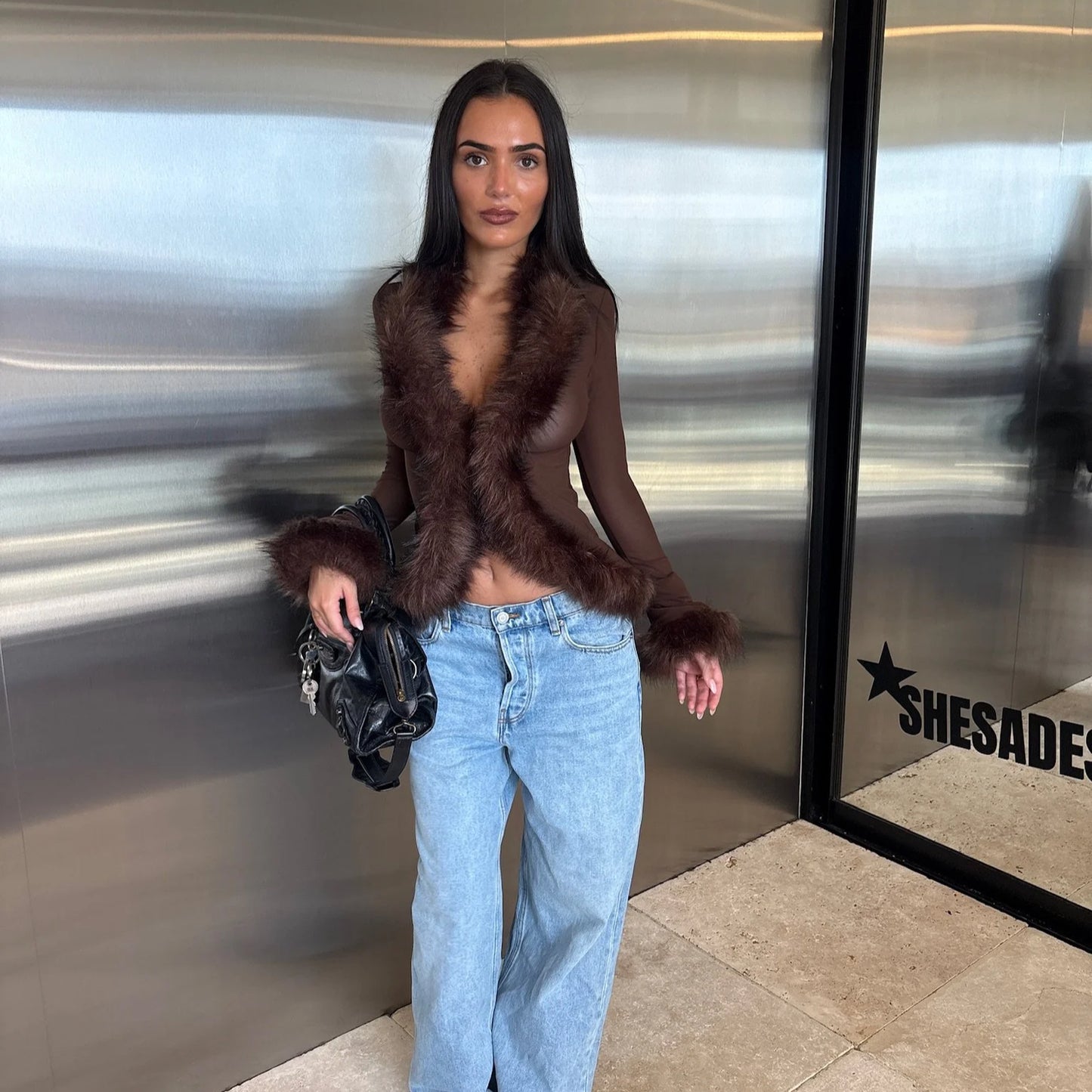 She's A Designer Diya Fur Blouse Chocolate